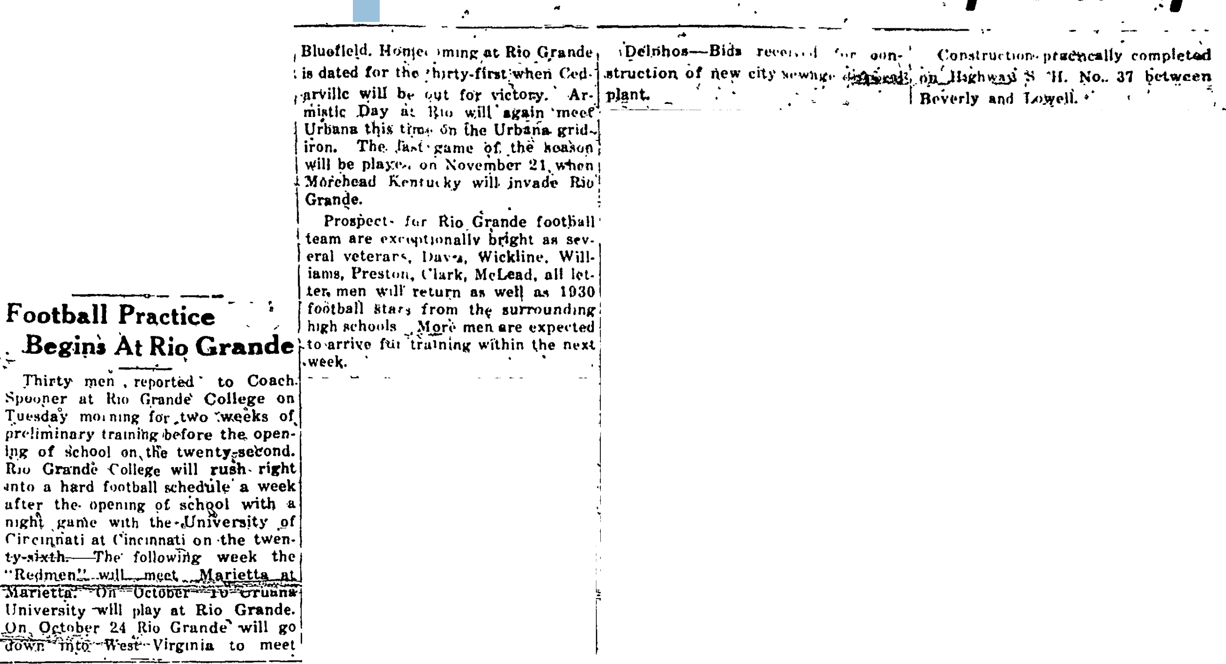 Newspaper clipping titled Football Practice Begins At Rio Grande, published September 10, 1931