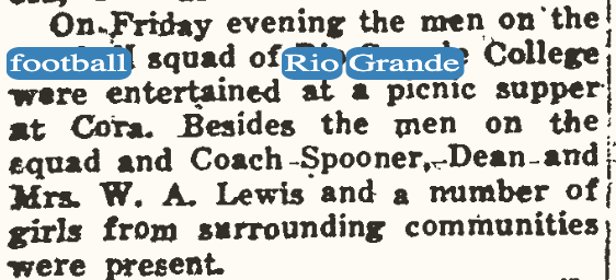 Newspaper clipping about a football picnic for the Rio Grande College squad, published September 19, 1931