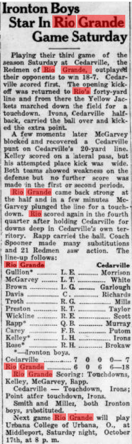 Newspaper clipping titled Ironton Boys Star In Rio Grande Game Saturday, dated October 12, 1931