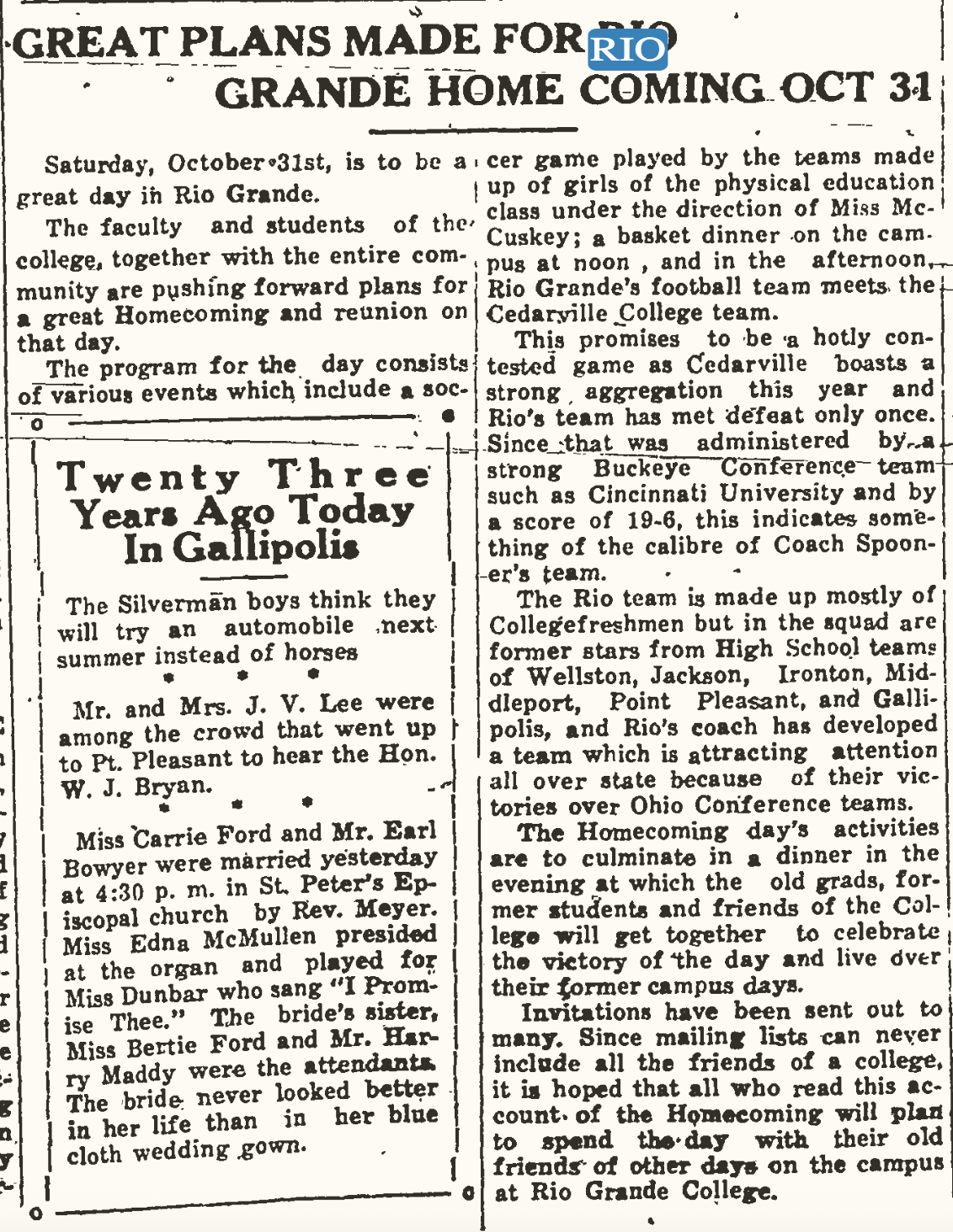Newspaper clipping titled Great Plans Made for Rio Grande Home Coming Oct 31, published October 22, 1931