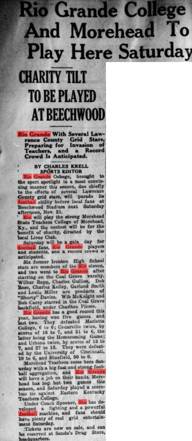 Newspaper clipping titled Rio Grande College And Morehead To Play Here Saturday, dated November 16, 1931