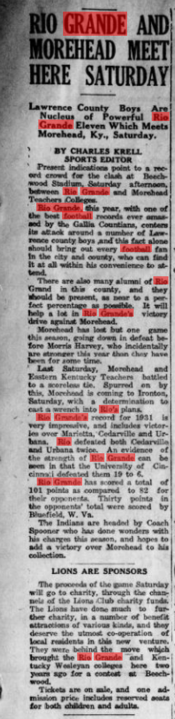 Newspaper clipping titled Rio Grande and Morehead Meet Here Saturday, published November 18, 1931
