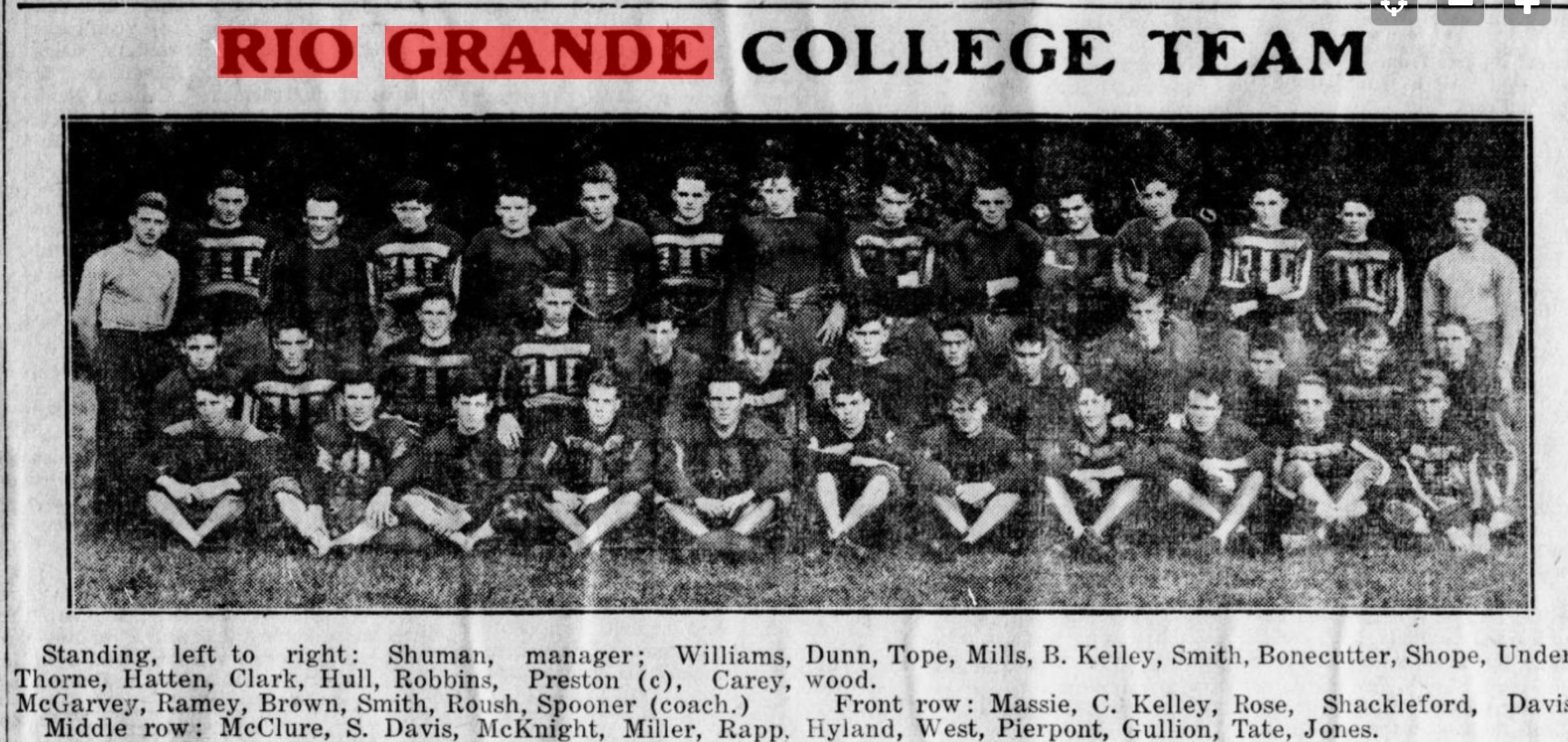 Team photograph titled Rio Grande College Team, published November 18, 1931