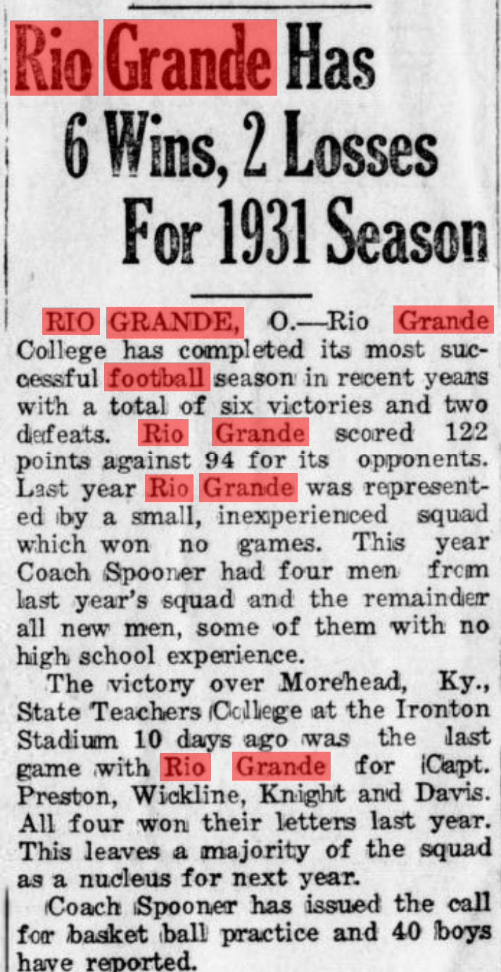 Newspaper clipping titled Rio Grande Has 6 Wins, 2 Losses For 1931 Season, published December 2, 1931