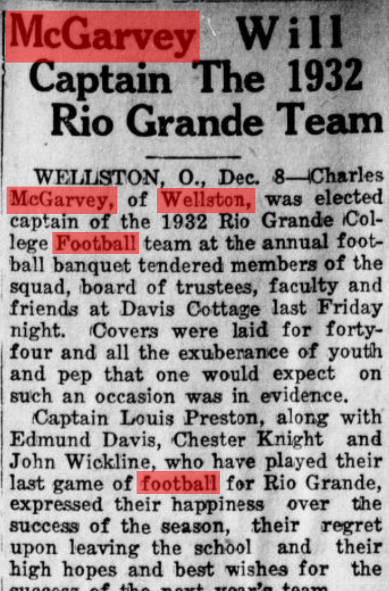 Newspaper clipping titled McGarvey Will Captain The 1932 Rio Grande Team, published December 9, 1931