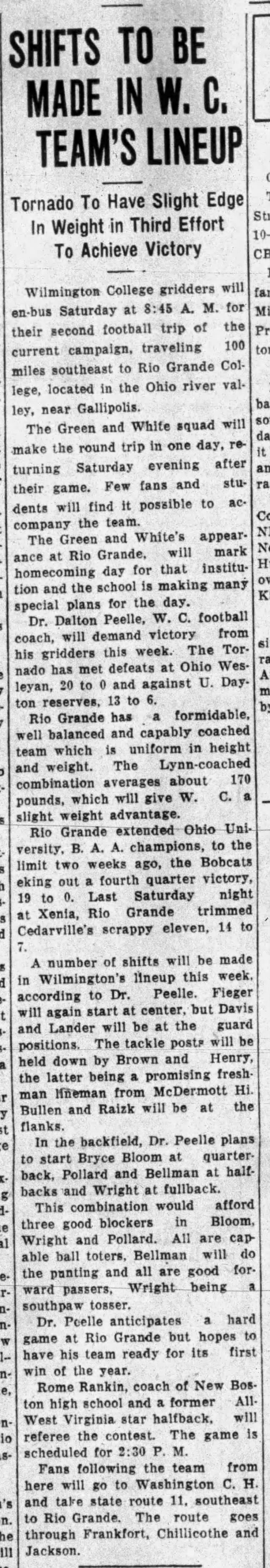 Newspaper clipping titled Shifts To Be Made In W. C. Team’s Lineup, published October 6, 1932