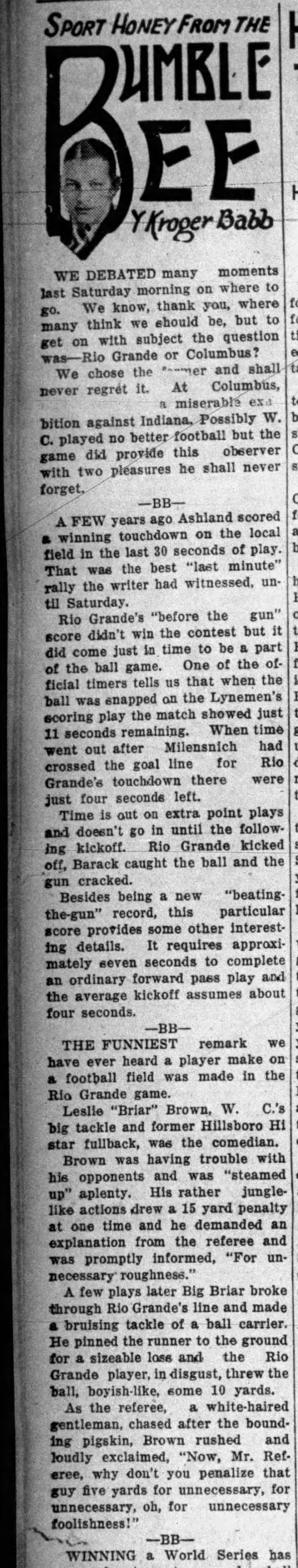 Newspaper column titled Sport Honey From the Bumble Bee by Kroger Babb, published October 11, 1932