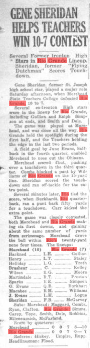 Newspaper clipping titled Gene Sheridan Helps Teachers Win 10-7 Contest, published October 24, 1932