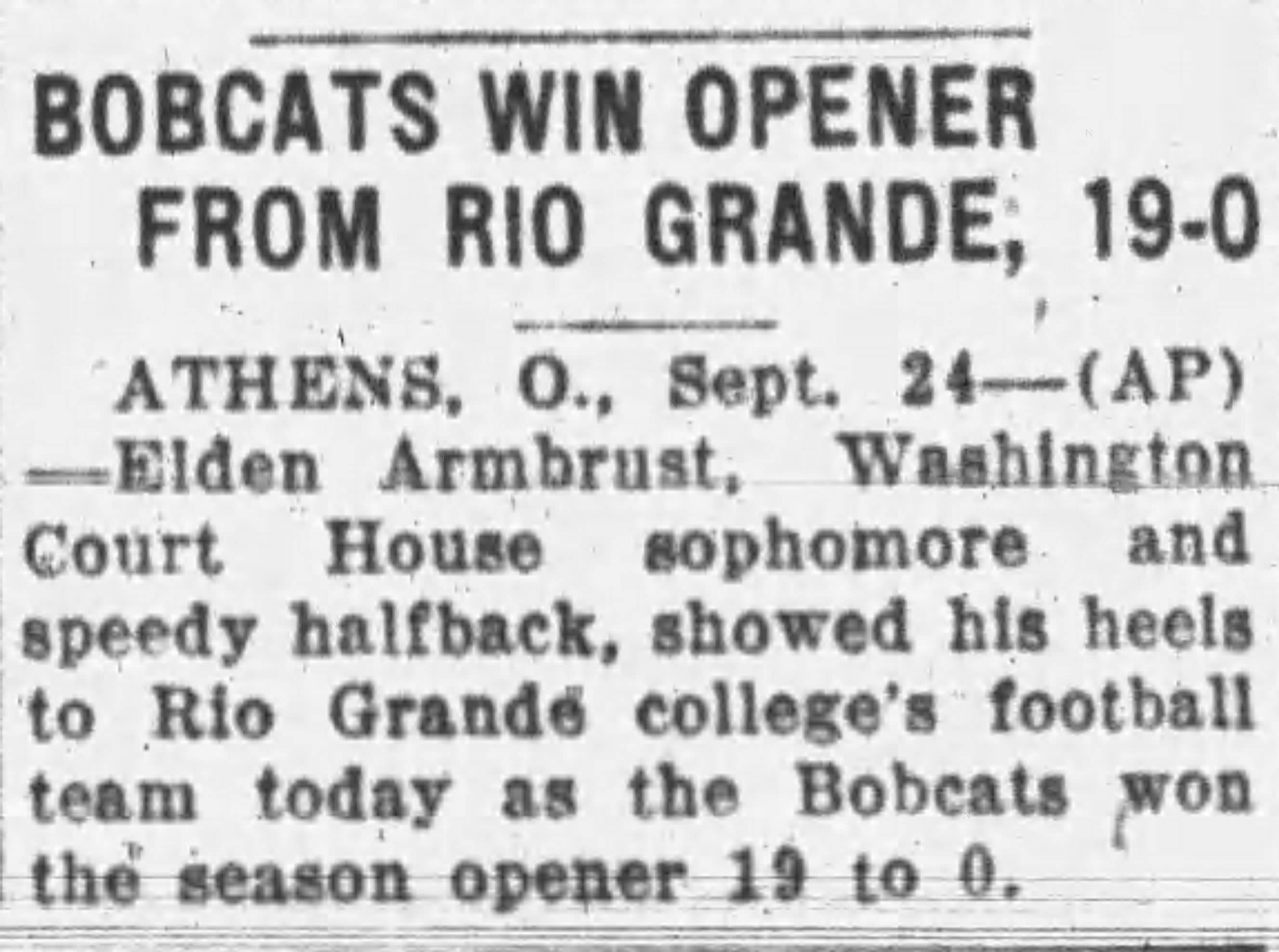 Newspaper clipping titled Bobcats Win Opener From Rio Grande, 19-0, published September 25, 1932