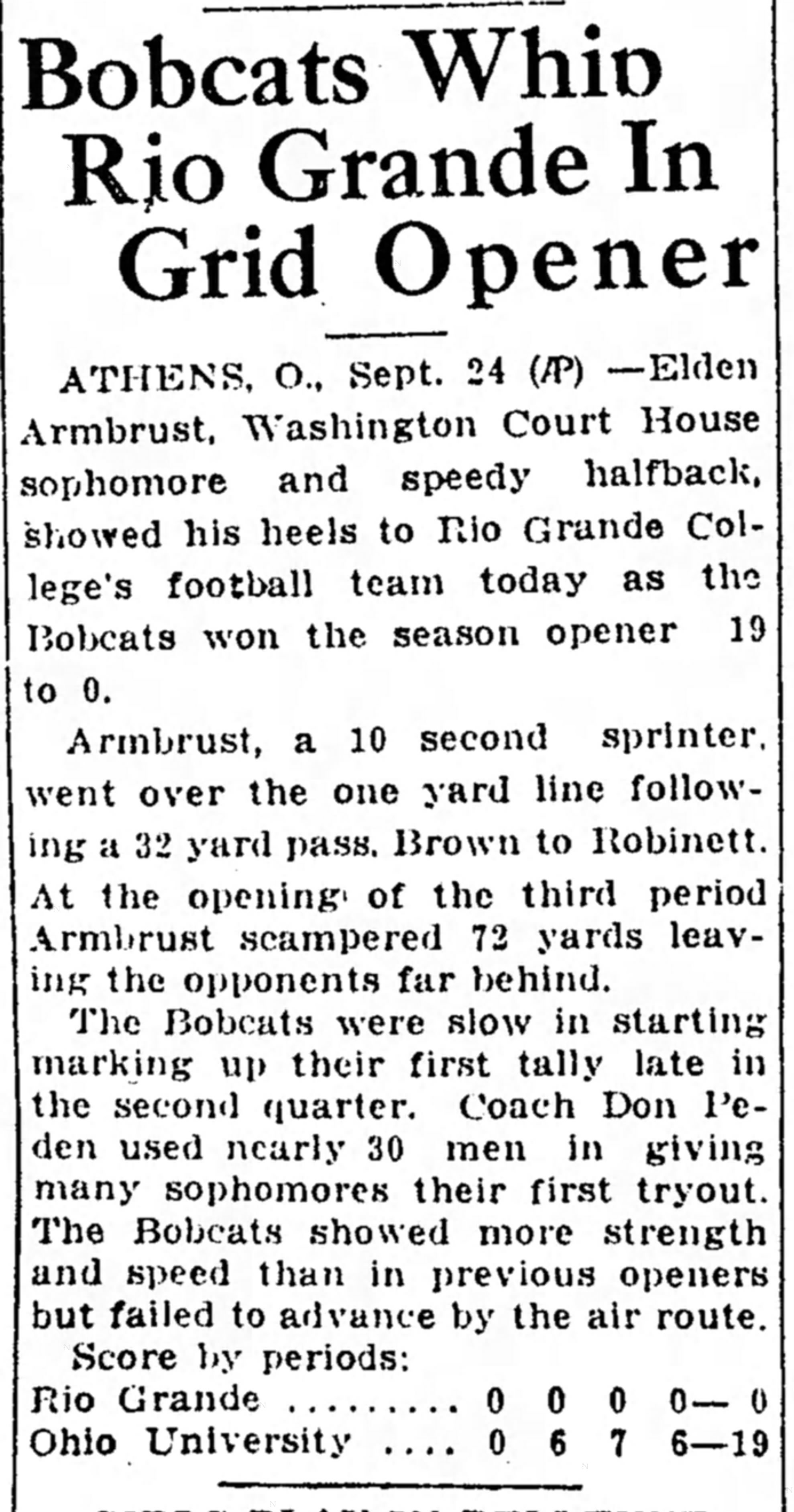 Newspaper clipping titled Bobcats Whip Rio Grande In Grid Opener, published September 25, 1932