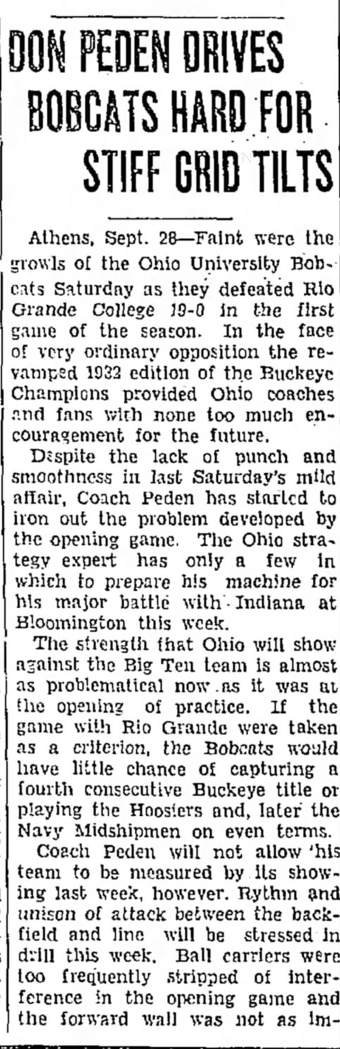 Newspaper clipping titled Don Peden Drives Bobcats Hard For Stiff Grid Tilts, published September 28, 1932