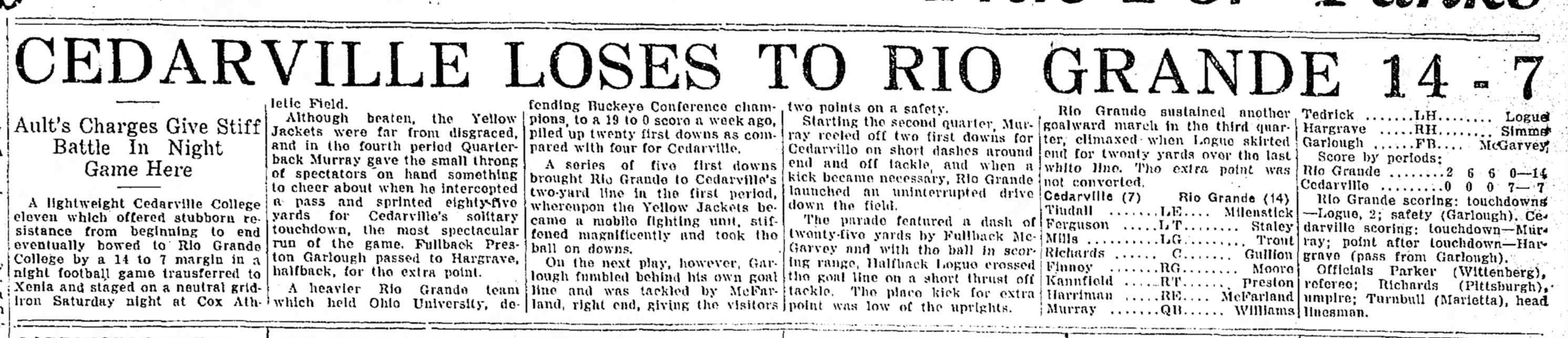 Newspaper clipping titled Cedarville Loses to Rio Grande 14-7, published October 3, 1932