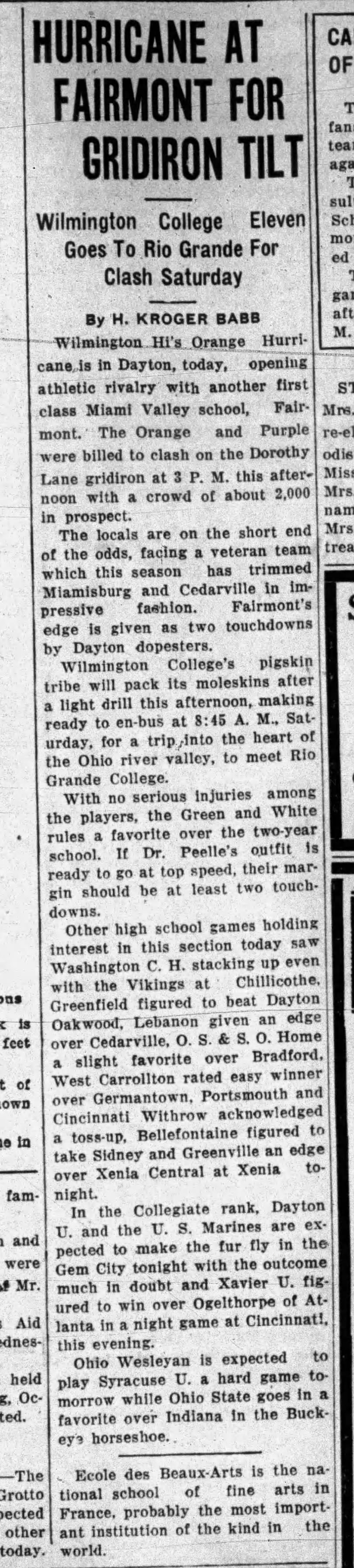 Newspaper clipping titled Hurricane at Fairmont for Gridiron Tilt, published October 7, 1932