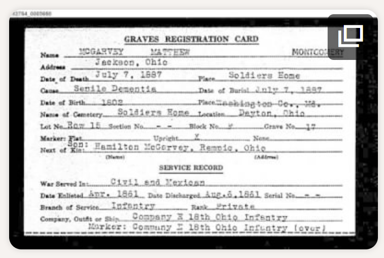 Preview of graves registration card for Matthew McGarvey