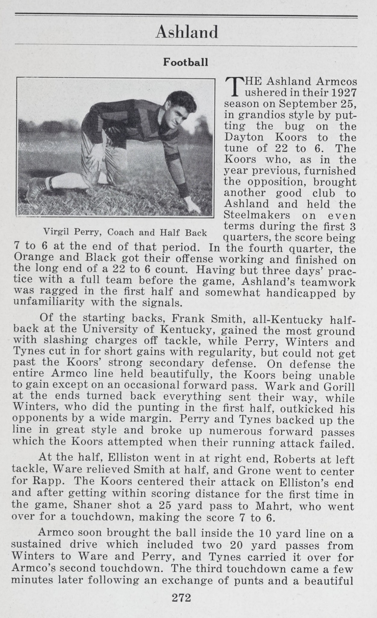 Opening page of the 1927 Ashland Armco football article