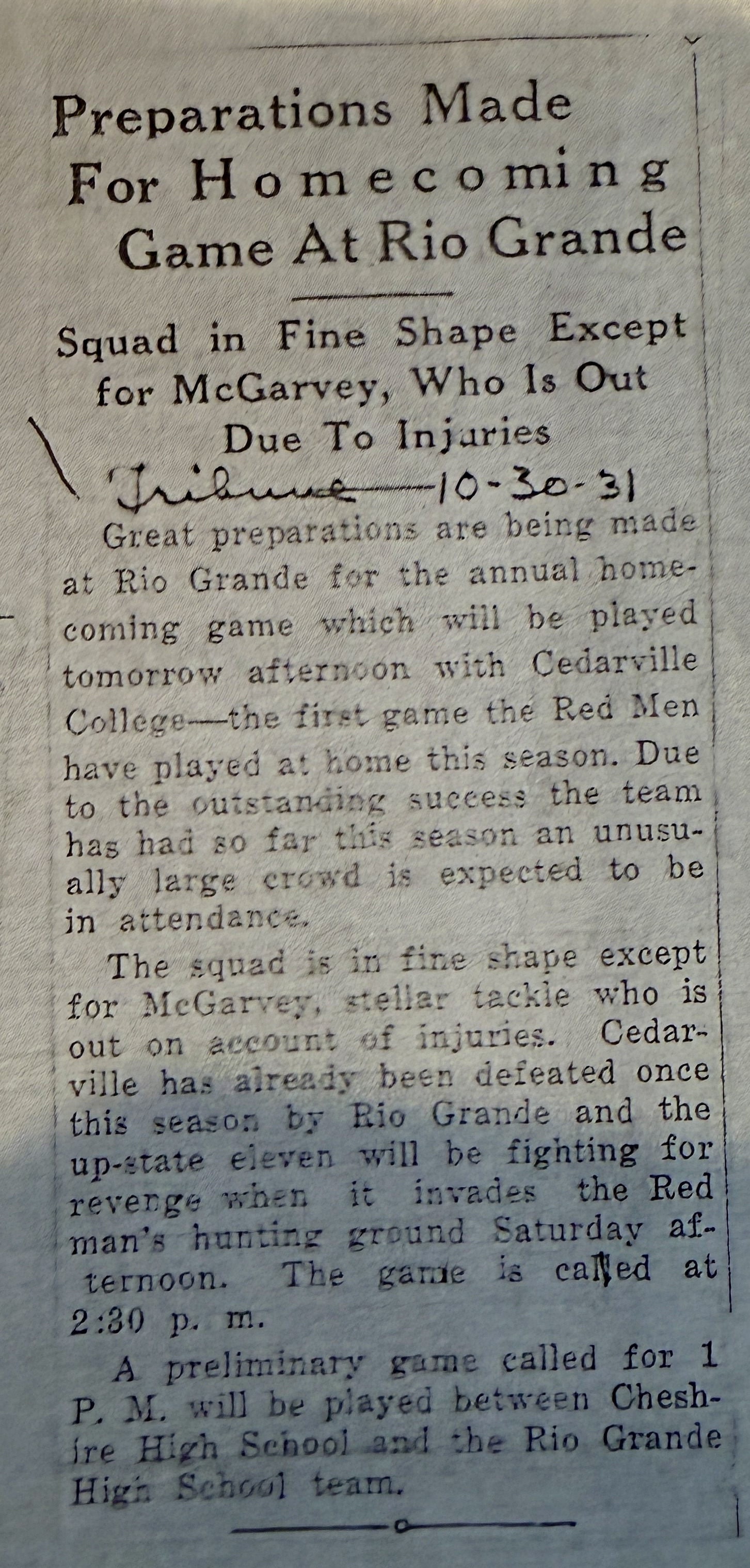 Gallipolis Daily Tribune clipping titled Preparations Made For Homecoming Game At Rio Grande, published October 30, 1931