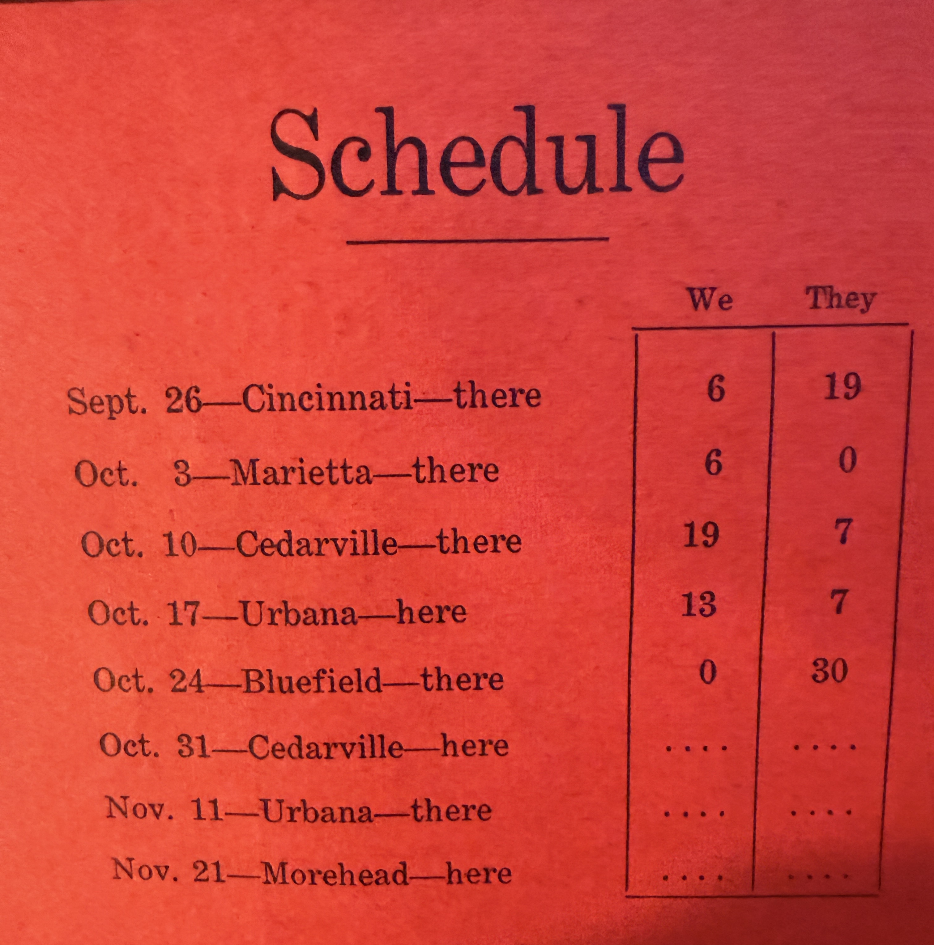 Inside schedule from the 1931 Rio Grande Homecoming program listing football opponents and scores