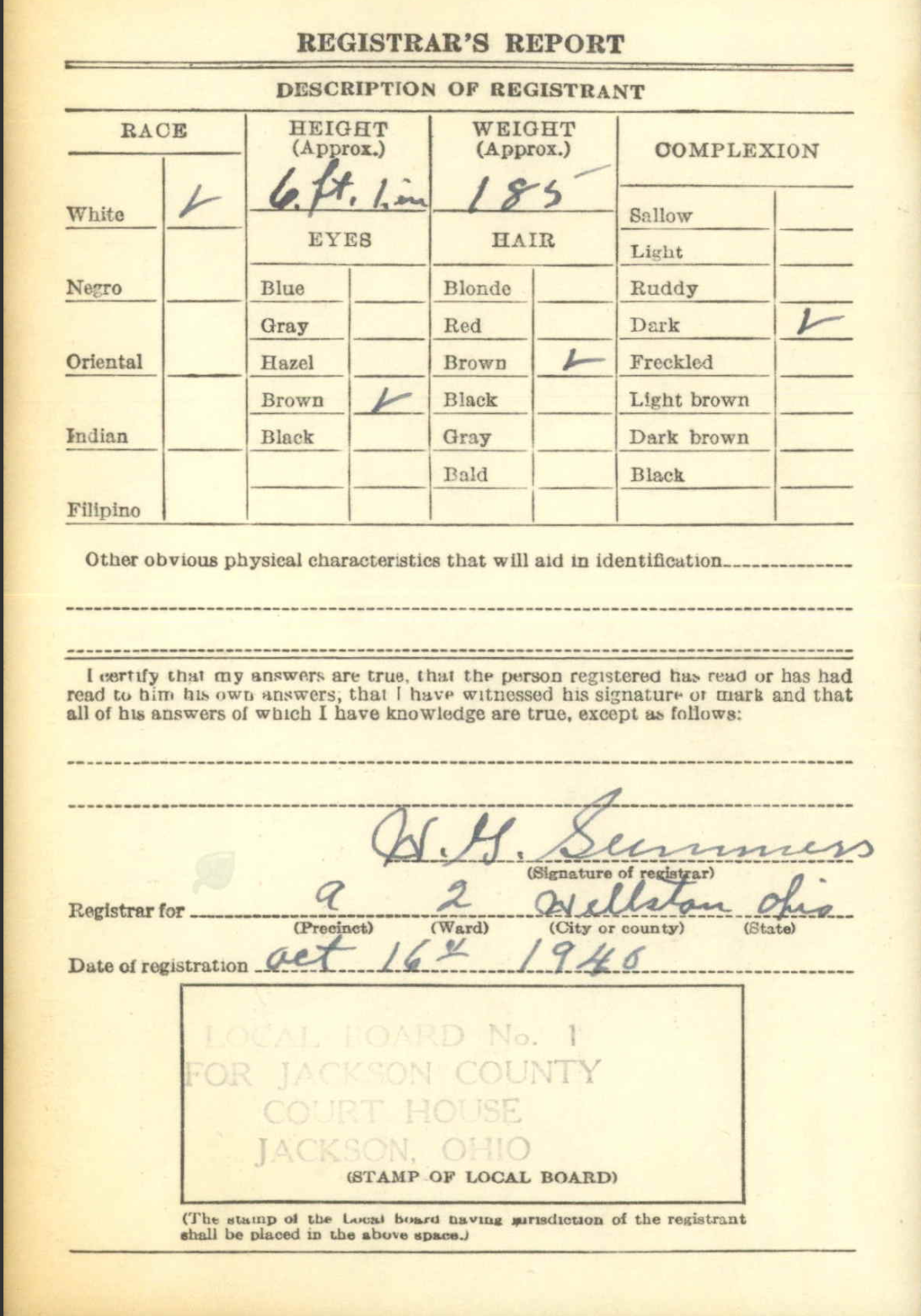 Registrar's report and physical description from Charles Leo McGarvey's World War II draft card