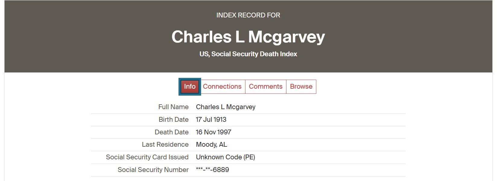 Social Security Death Index record for Charles L. McGarvey