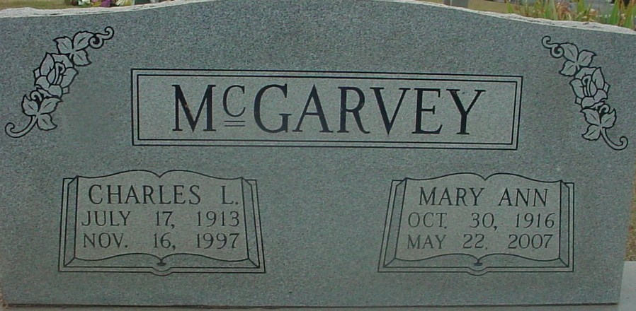 Tombstone for Charles L. McGarvey and Mary Ann McGarvey at Cedar Grove Cemetery