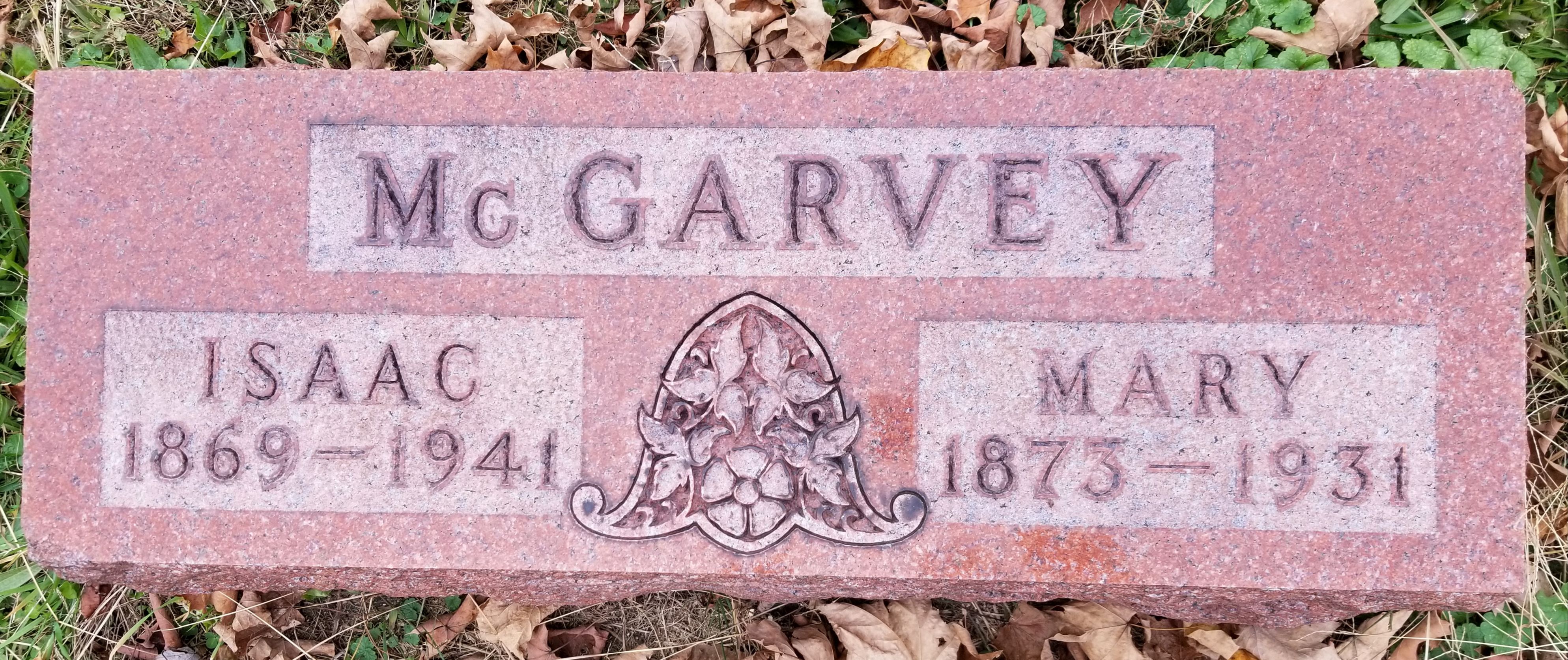 Grave marker for Isaac and Mary McGarvey at Ridgewood Cemetery