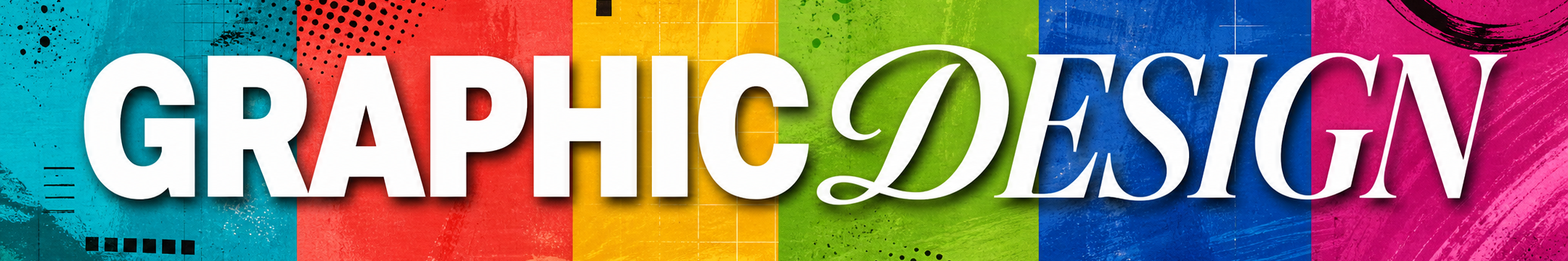 Graphic Design in bold white lettering across cyan, red, yellow, green, blue, and magenta panels