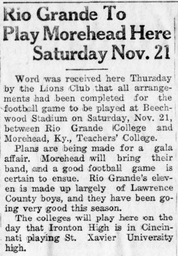 Ironton News clipping titled Rio Grande To Play Morehead Here Saturday Nov. 21, published October 30, 1931