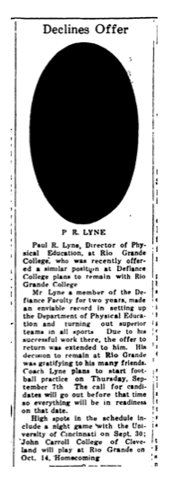 Gallipolis Daily Tribune clipping titled Declines Offer about Paul R. Lyne, August 14, 1933