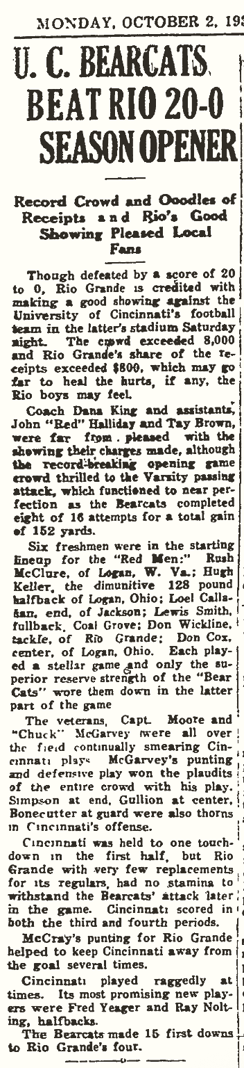 Newspaper article titled U.C. Bearcats Beat Rio 20-0 in Season Opener, October 2, 1933