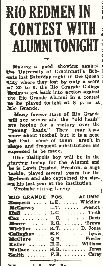 Gallipolis Daily Tribune article titled Rio Redmen in Contest with Alumni Tonight, October 6, 1933