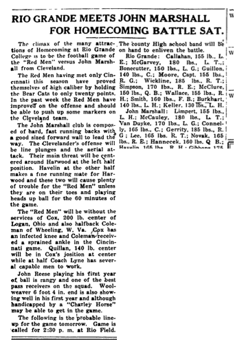 Gallipolis Daily Tribune clipping titled Rio Grande Meets John Marshall for Homecoming Battle Saturday, October 13, 1933