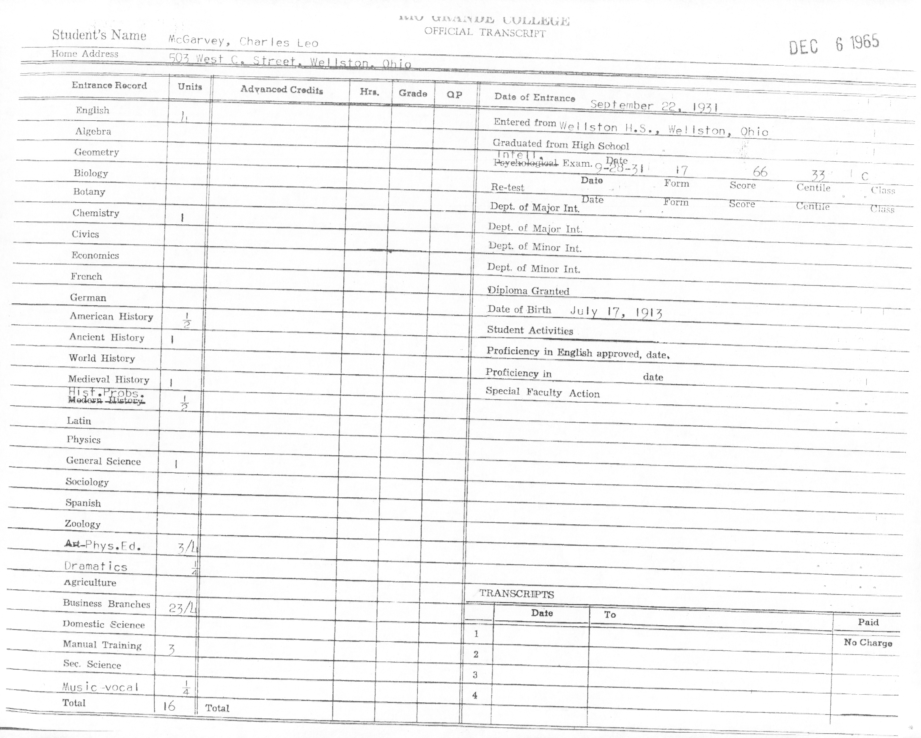 Rio Grande College official transcript course record for Charles Leo McGarvey