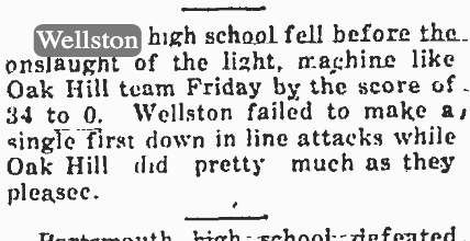 Gallipolis Daily Tribune clipping reporting Wellston's 34-0 loss to Oak Hill, published September 30, 1929