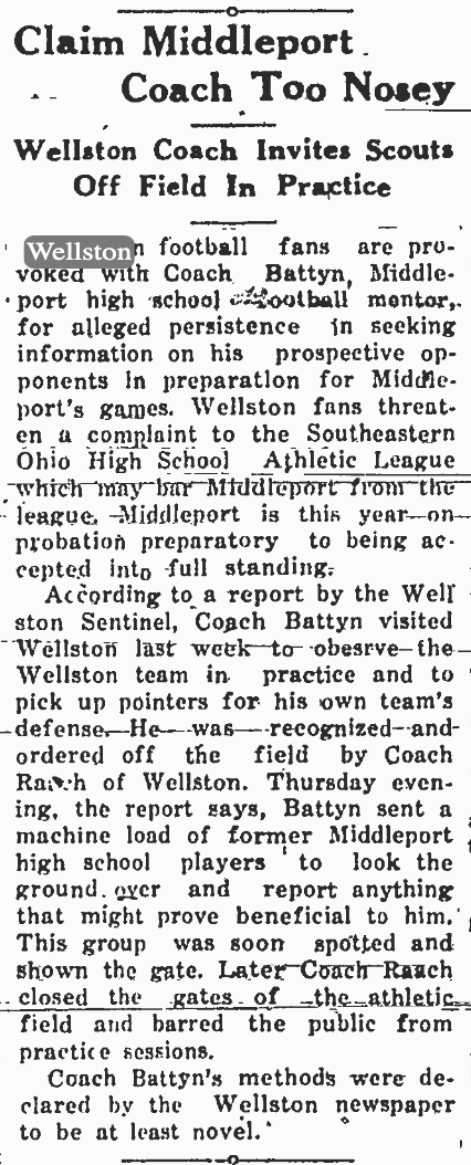 Gallipolis Daily Tribune clipping titled Claim Middleport Coach Too Nosey, published October 14, 1929