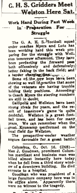 Gallipolis Daily Tribune clipping titled GHS Gridders Meet Wellston Here Saturday, published October 17, 1930