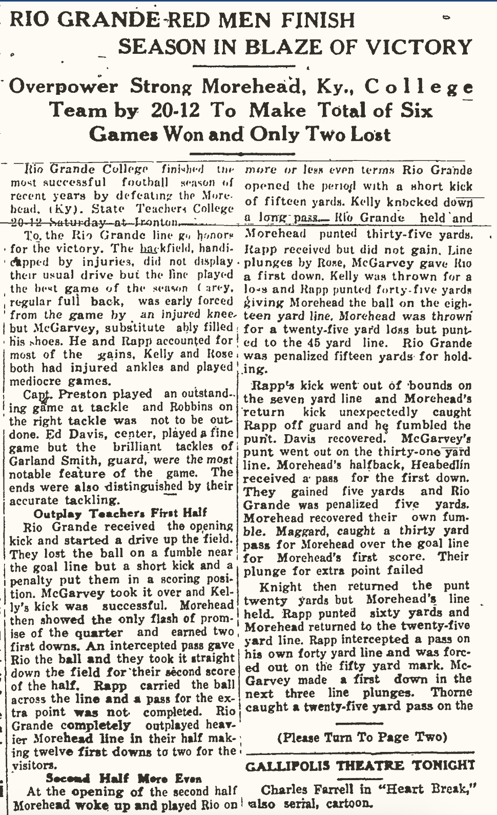 First page of Gallipolis Daily Tribune article titled Rio Grande Red Men Finish Season in Blaze of Victory, published November 24, 1931