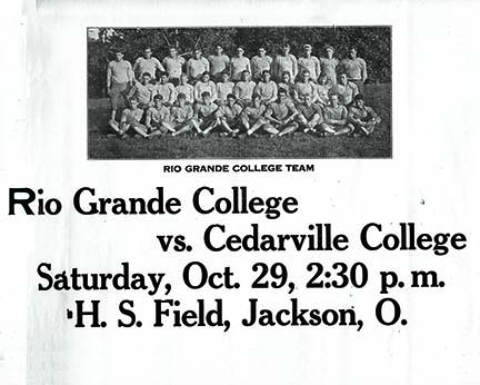 Poster advertising Rio Grande College versus Cedarville College on October 29, 1932 at H. S. Field in Jackson, Ohio