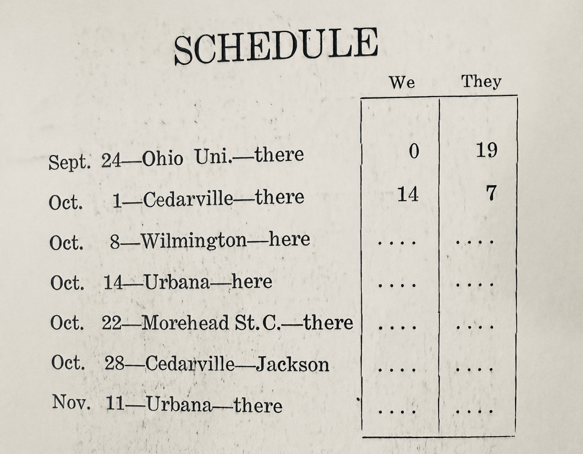 Inside schedule from the 1932 Rio Grande Homecoming program listing Ohio University, Cedarville, Wilmington, Urbana, Morehead State, Cedarville at Jackson, and Urbana