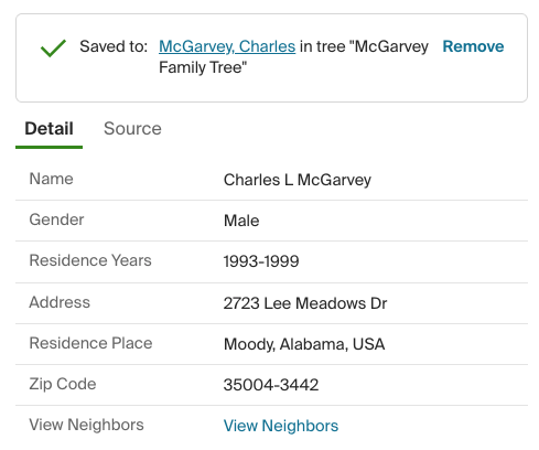 Phone and address directory entry for Charles L. McGarvey in Moody, Alabama, 1993-1999