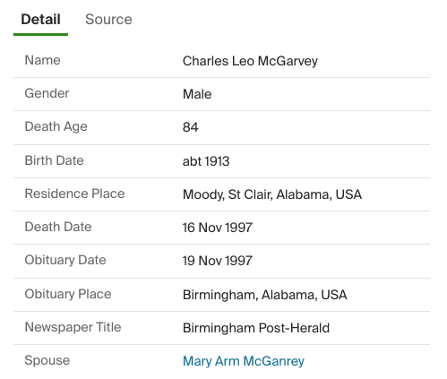 Obituary index entry for Charles Leo McGarvey in the Birmingham Post-Herald