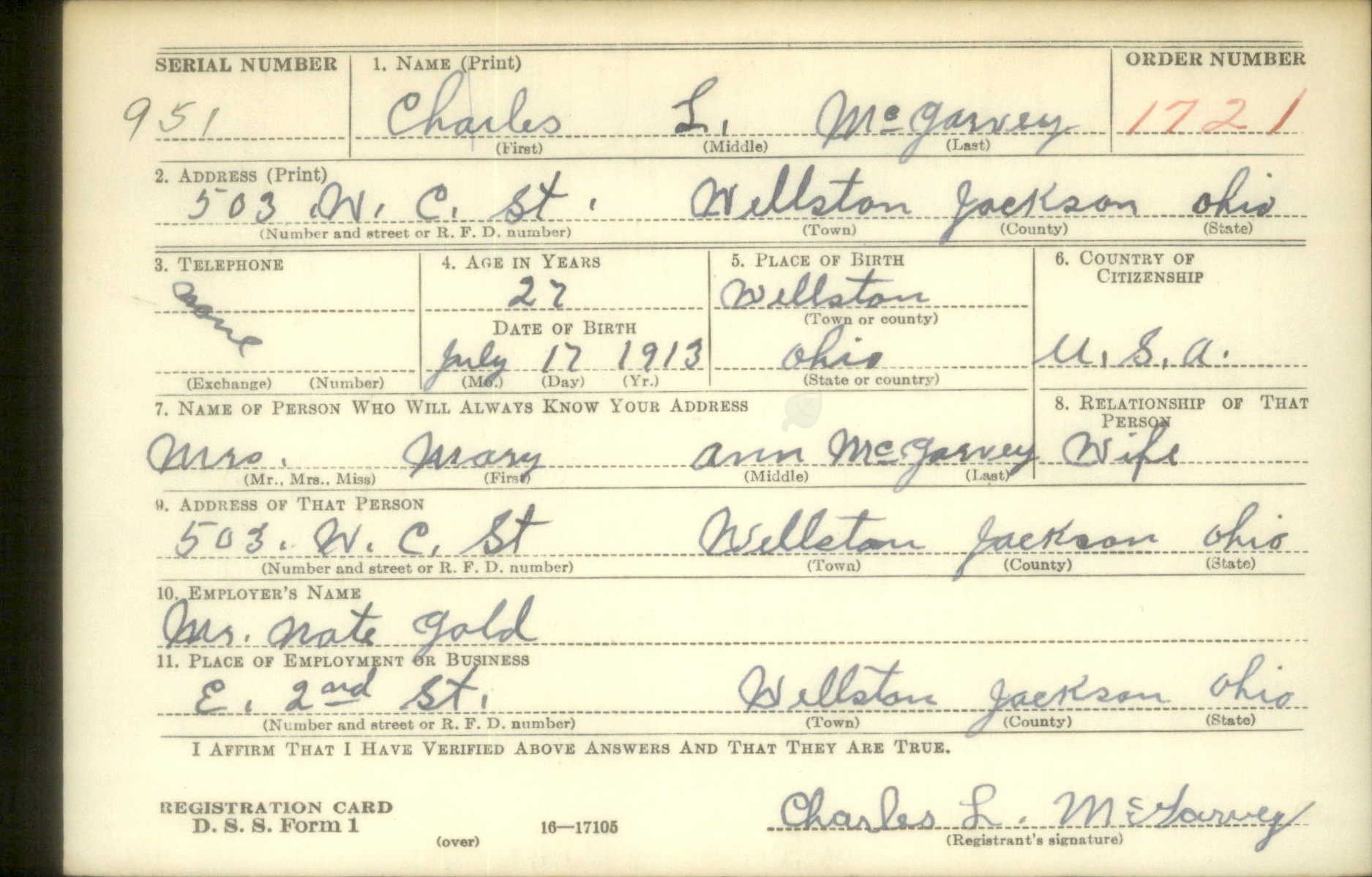 World War II draft registration card for Charles Leo McGarvey