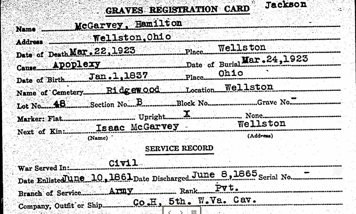 Hamilton grave registration card