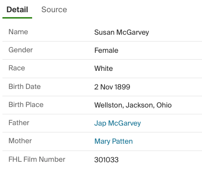 Birth index for Susan Anna McGarvey