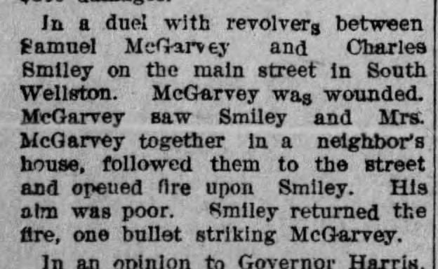 Akron Beacon Journal clipping about Samuel McGarvey and the 1907 South Wellston shooting incident