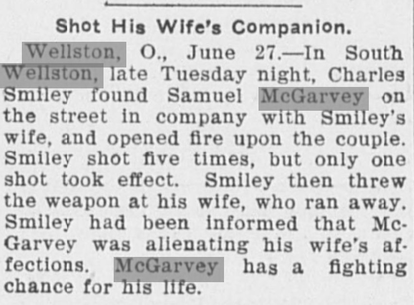 Perrysburg Journal clipping about Samuel McGarvey being shot in South Wellston