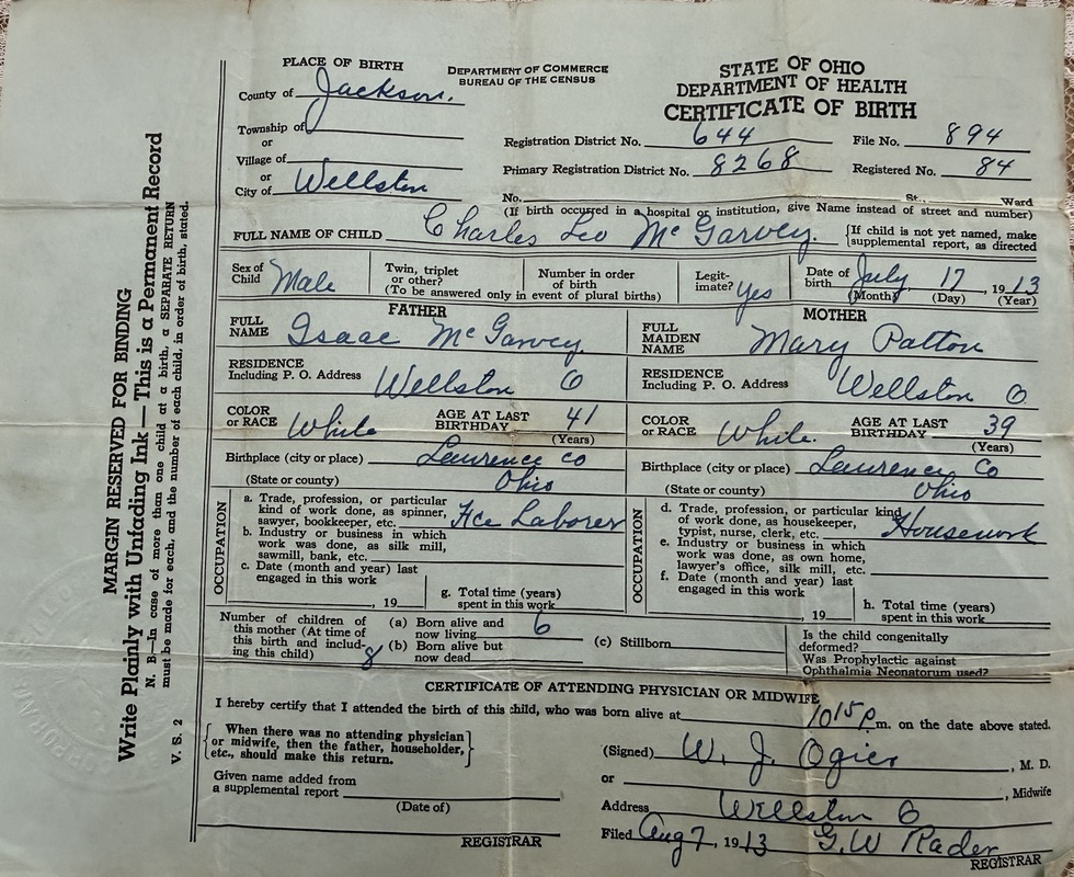 Birth certificate for Charles Leo McGarvey