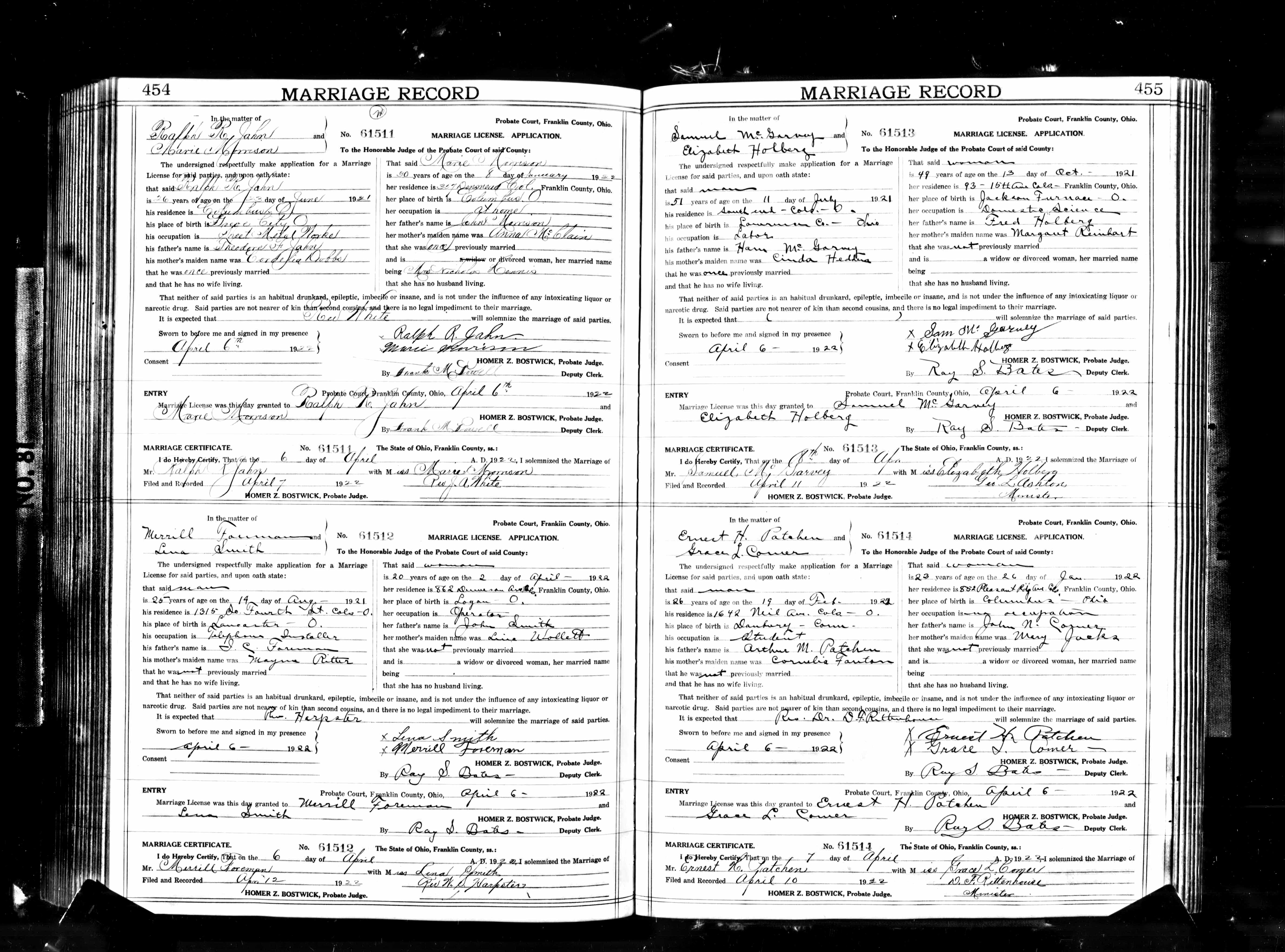 1922 Franklin County marriage record for Samuel McGarvey and Elizabeth Holberg