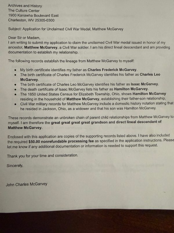 John Charles McGarvey’s letter applying for his ancestor Matthew McGarvey’s unclaimed Civil War medal