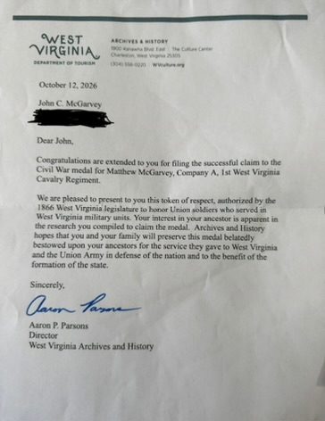 October 12, 2026 letter from West Virginia Archives and History confirming John McGarvey’s successful claim