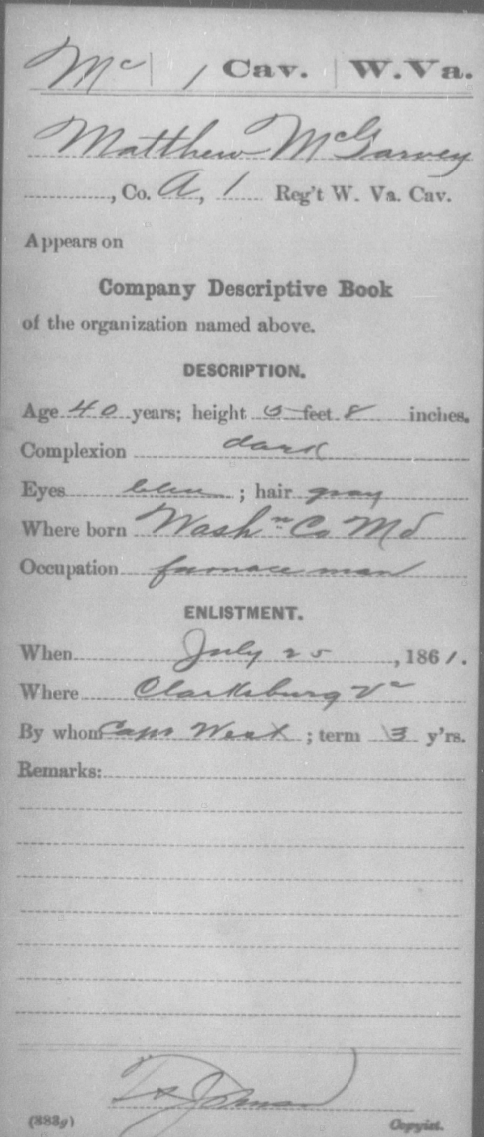 Company descriptive book card for Matthew McGarvey, Company A, 1st West Virginia Cavalry
